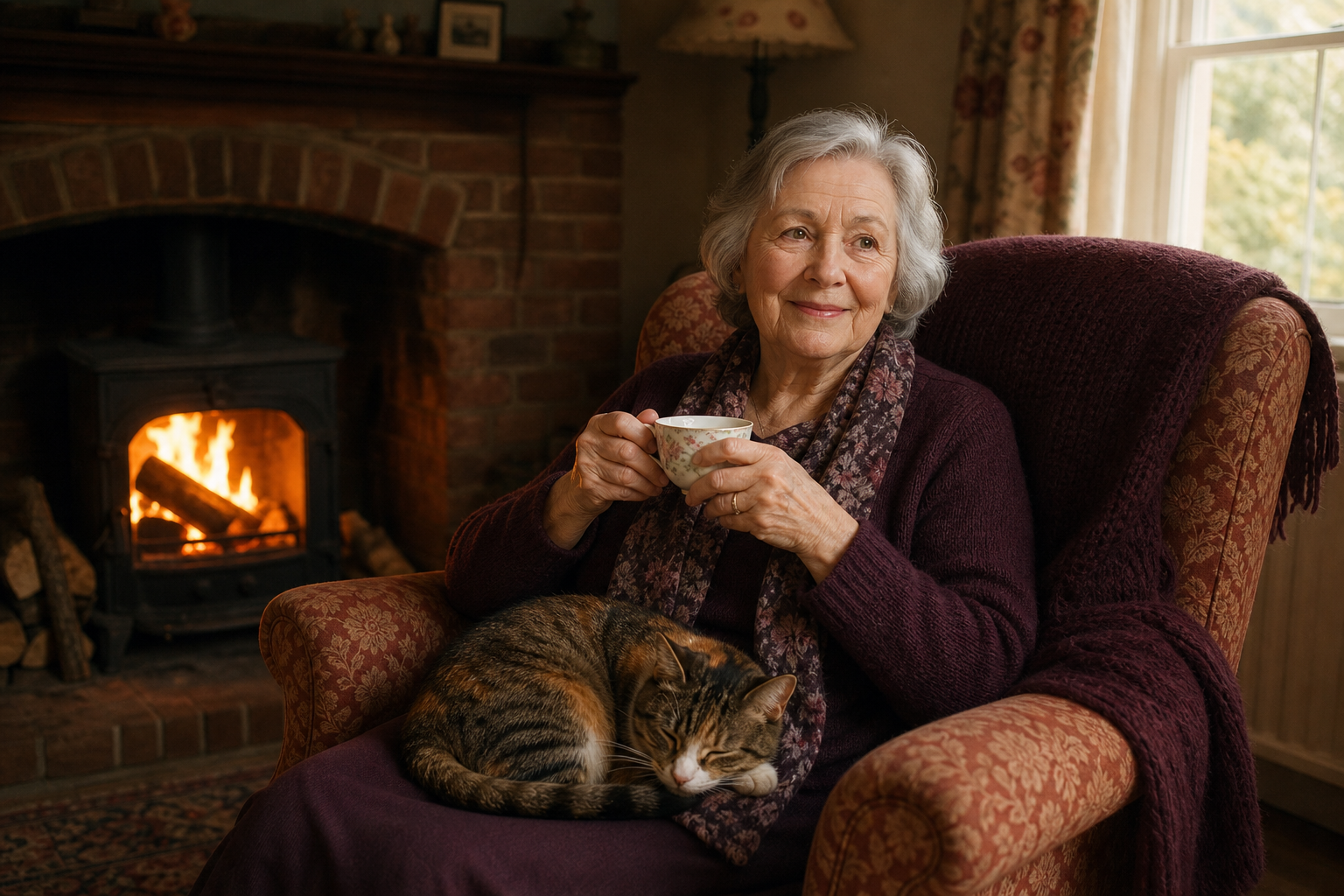 A grey-haired grandmother holding a cup of tea with a cat on her lap beside a burning log fire