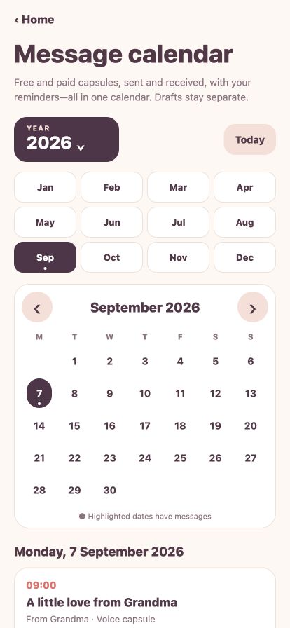 iluvu Message Calendar with month and year navigation and an example message