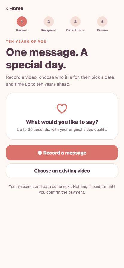 Ten Years of You recording screen with a Record a message button